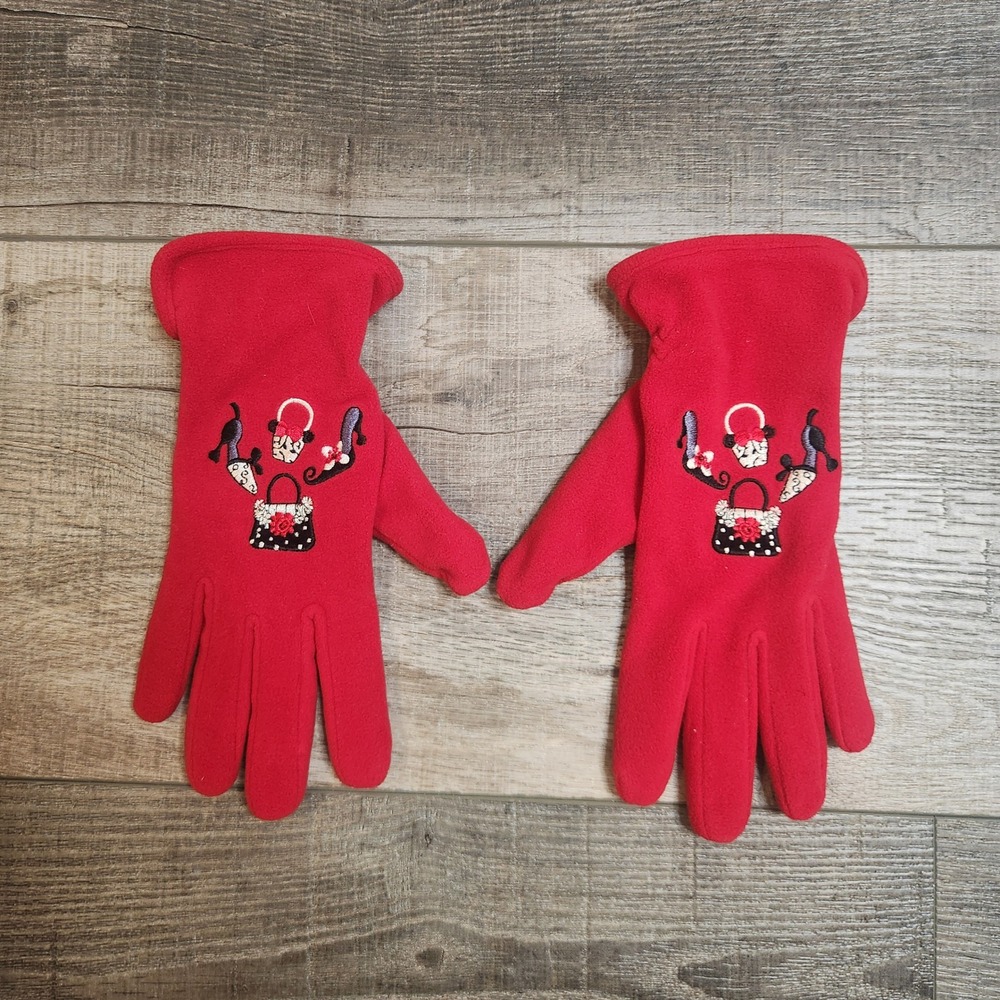 Isotoner Red Fleece Gloves Embroidered Purse & Heels Y2K Coquette Coziness